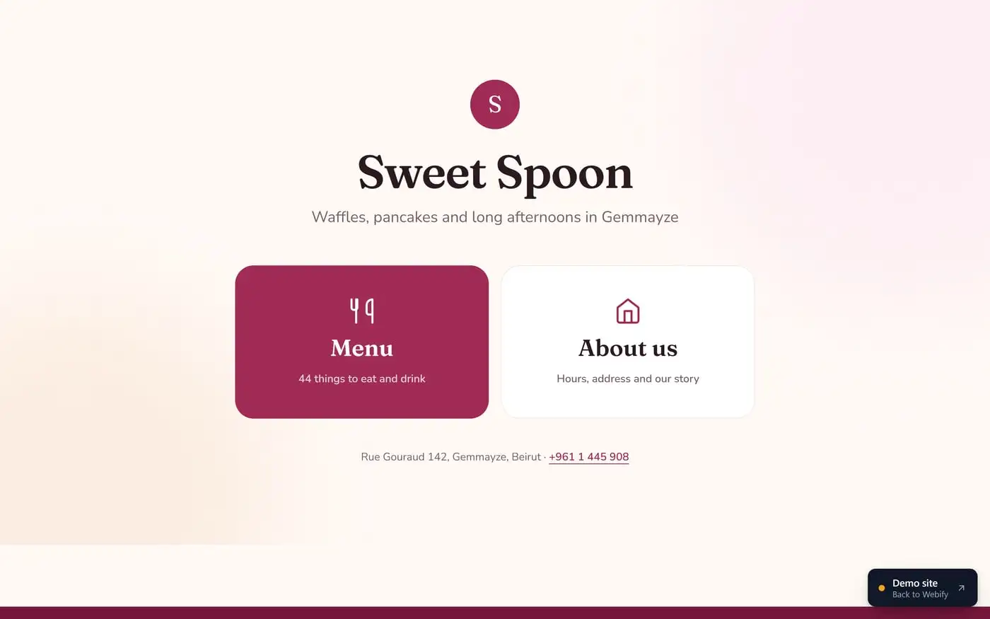 The home page of the Café that edits its own menu demo