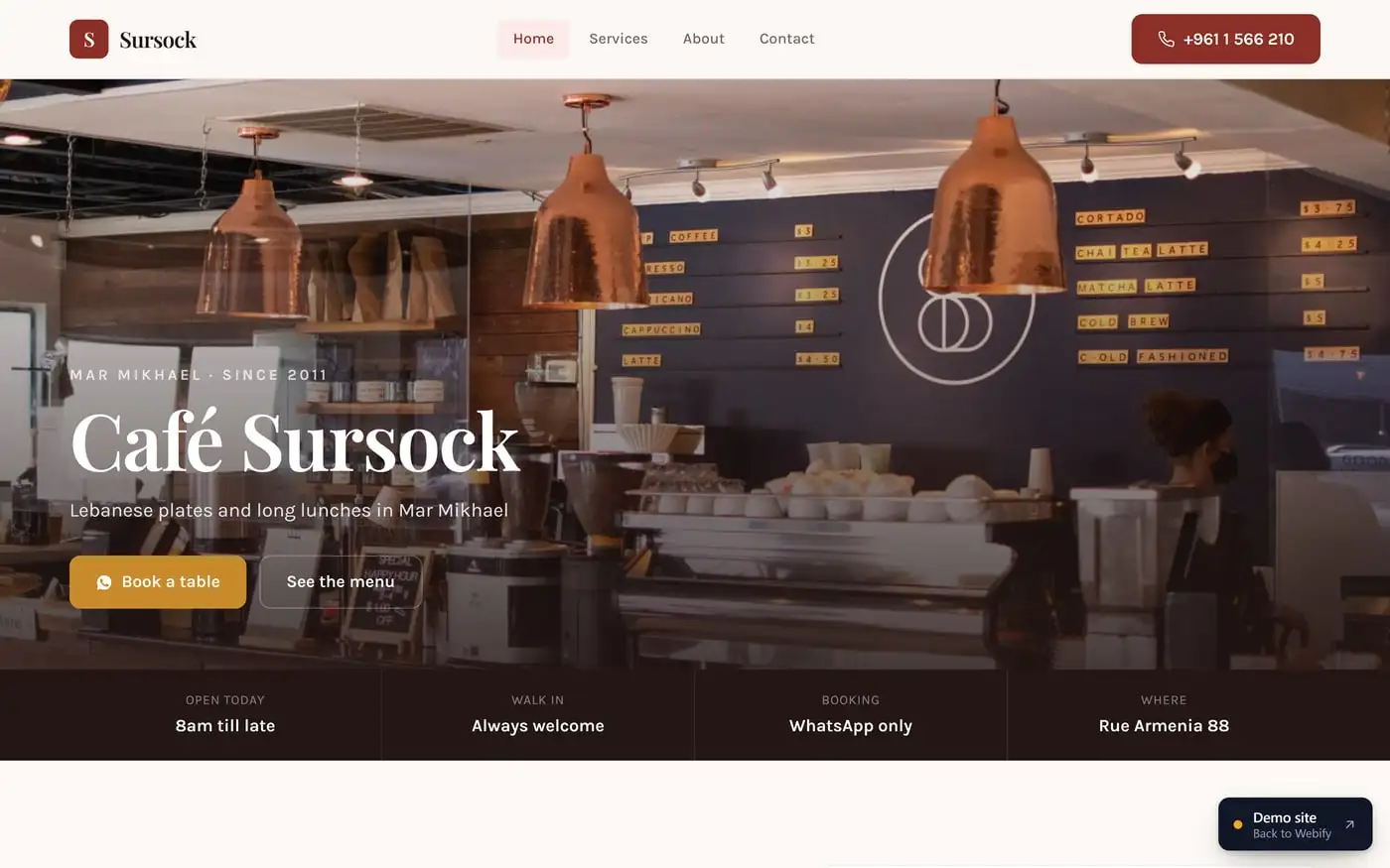 The home page of the Restaurant with a full menu demo
