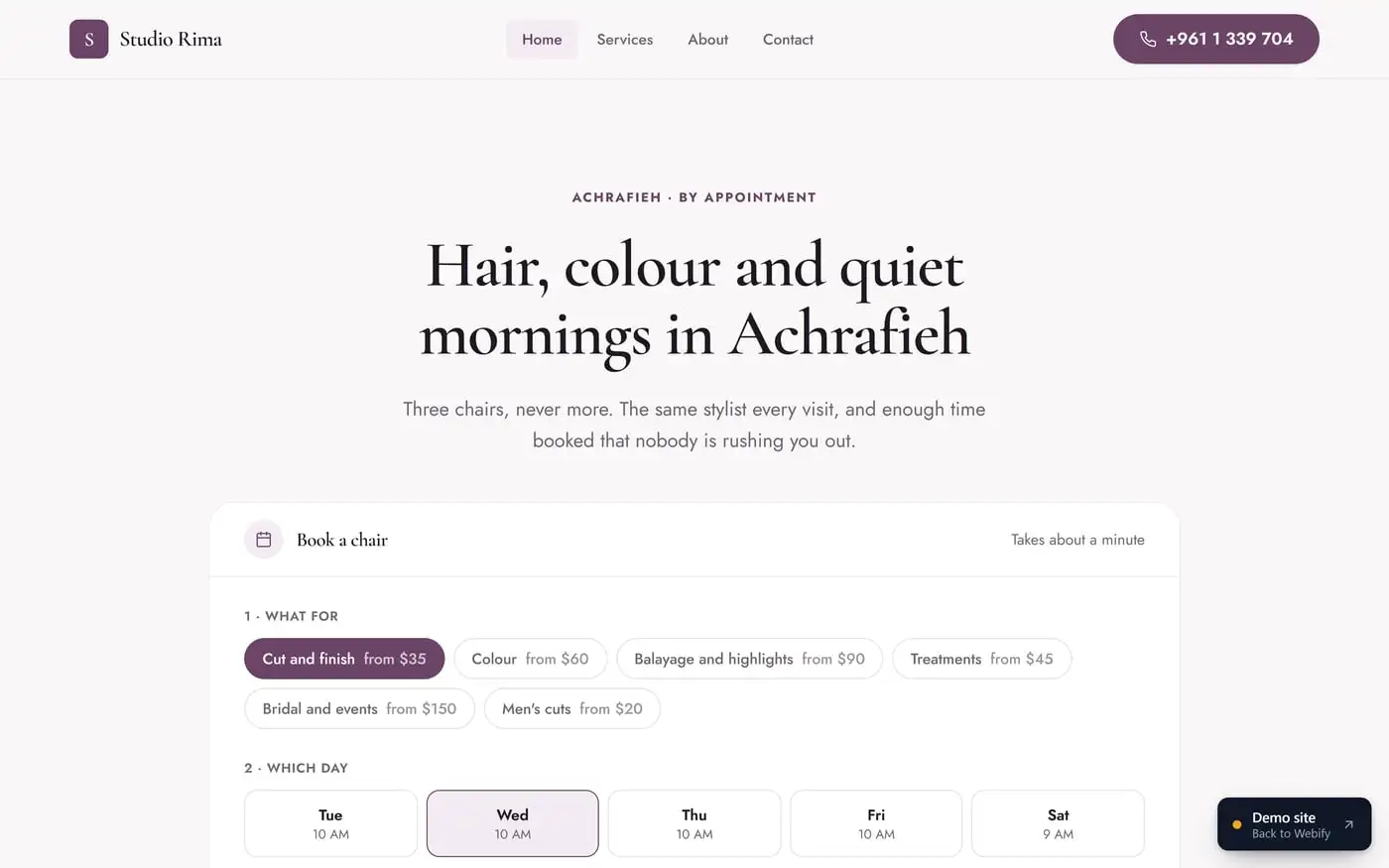 The home page of the Salon or clinic taking bookings demo